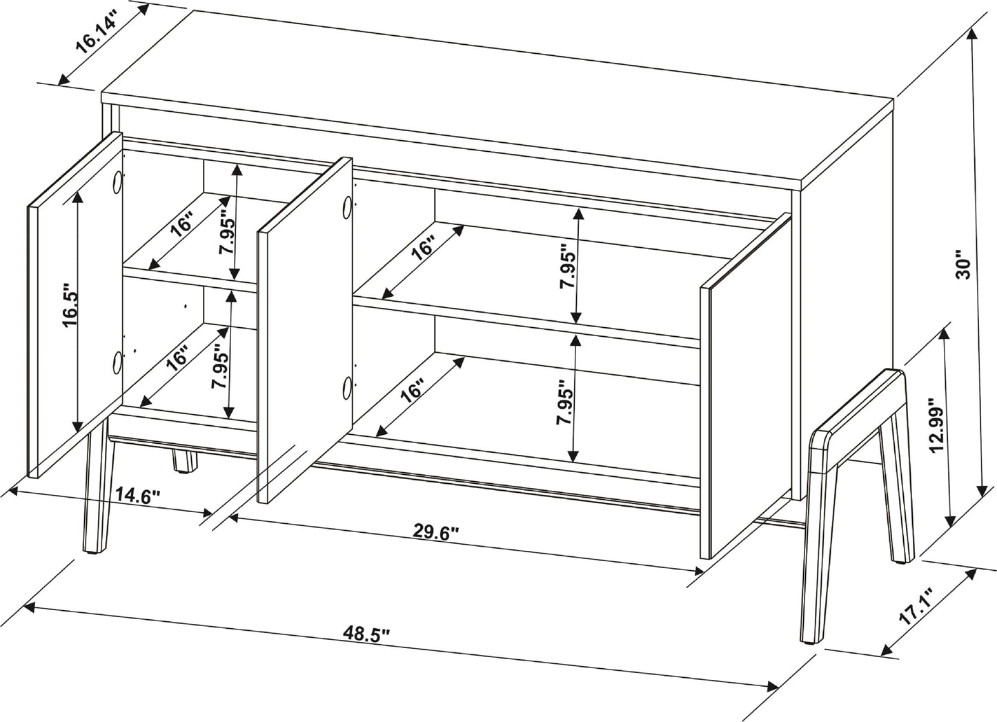 Manhattan Comfort Mid-Century Modern Gales 48.50 Sideboard with Solid Wood Legs in Matte Black SB-62676-BK