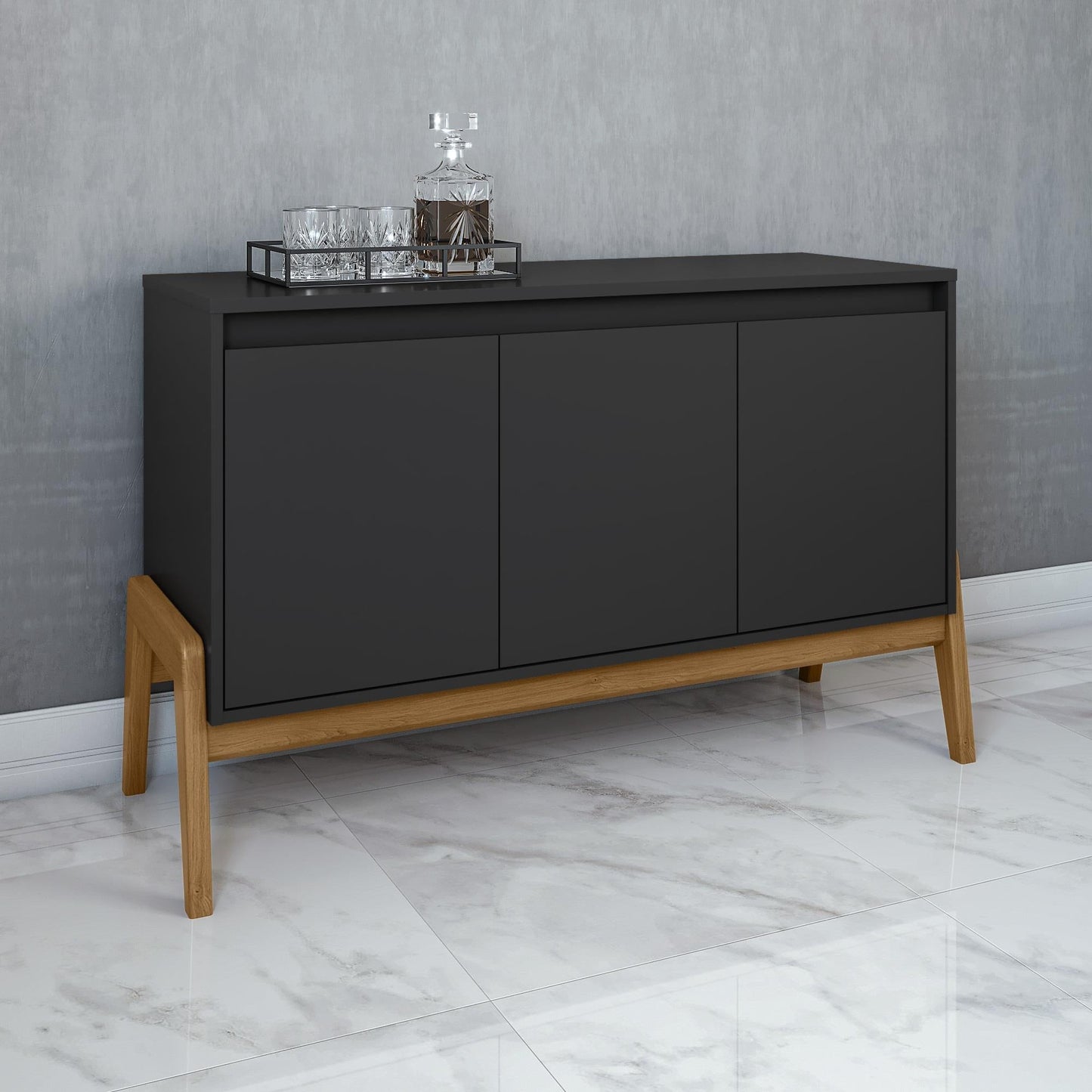 Manhattan Comfort Mid-Century Modern Gales 48.50 Sideboard with Solid Wood Legs in Matte Black SB-62676-BK