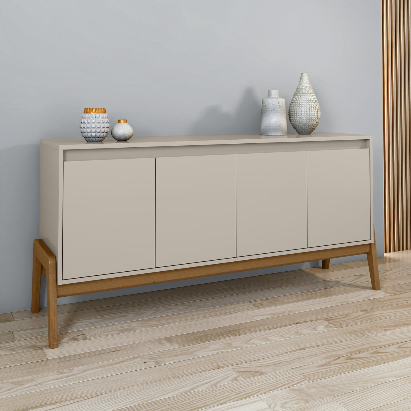 Manhattan Comfort Mid-Century Modern Gales 63.32 Sideboard with Solid Wood Legs in Greige SB-62722-OW
