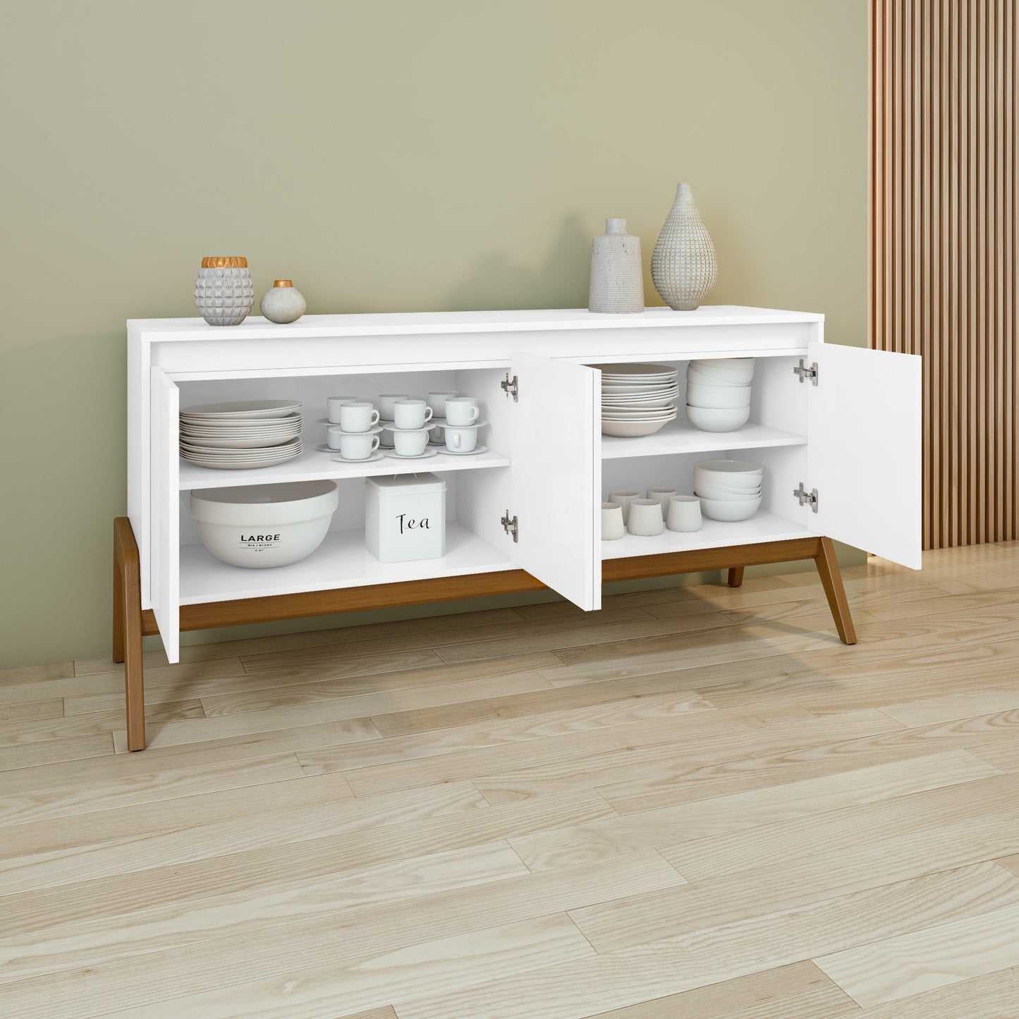 Manhattan Comfort Mid-Century Modern Gales 63.32 Sideboard with Solid Wood Legs in Matte White SB-62722-WH