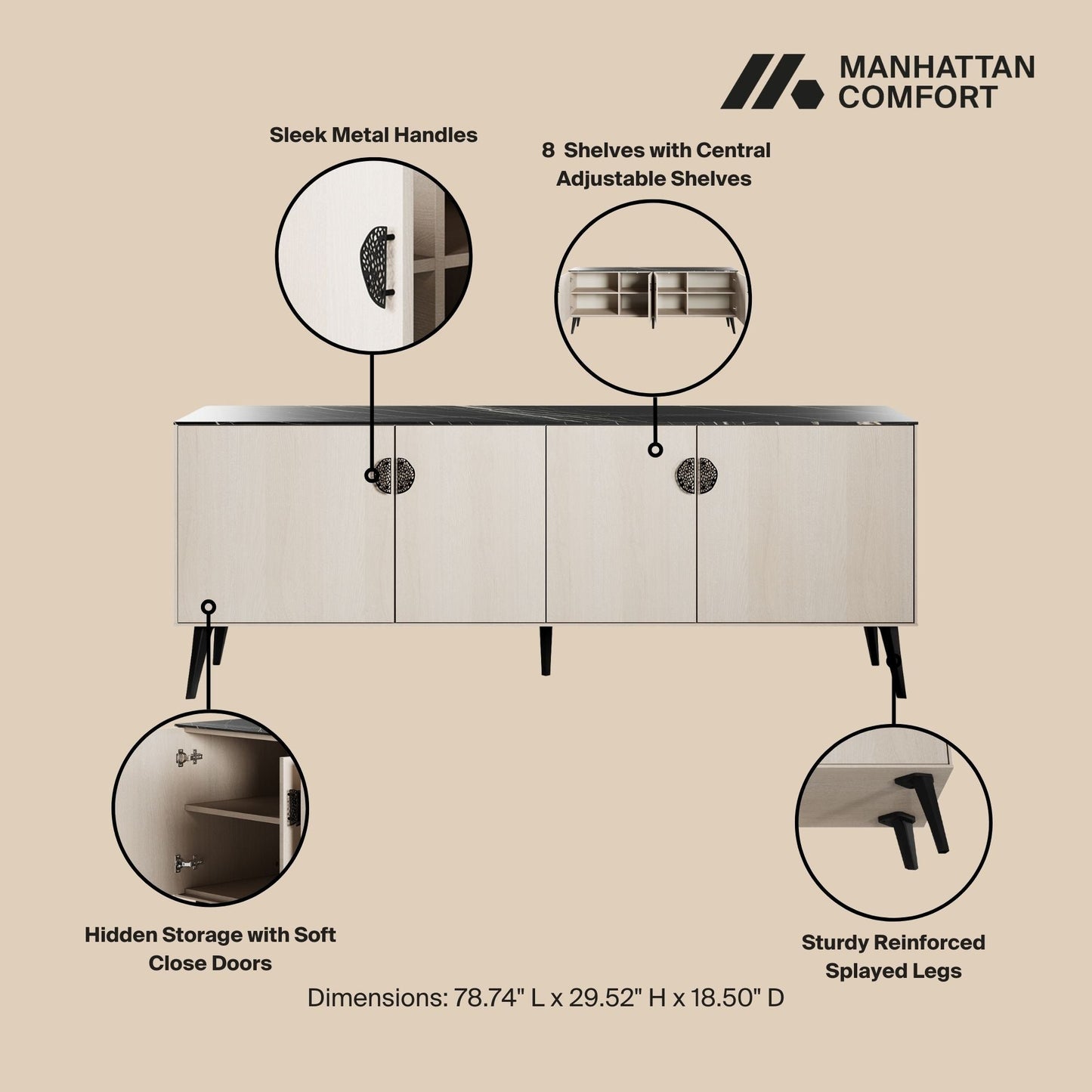 Manhattan Comfort Haley 78.7" Mid-Century Modern Sideboard in White and Black Marble SB002-WB