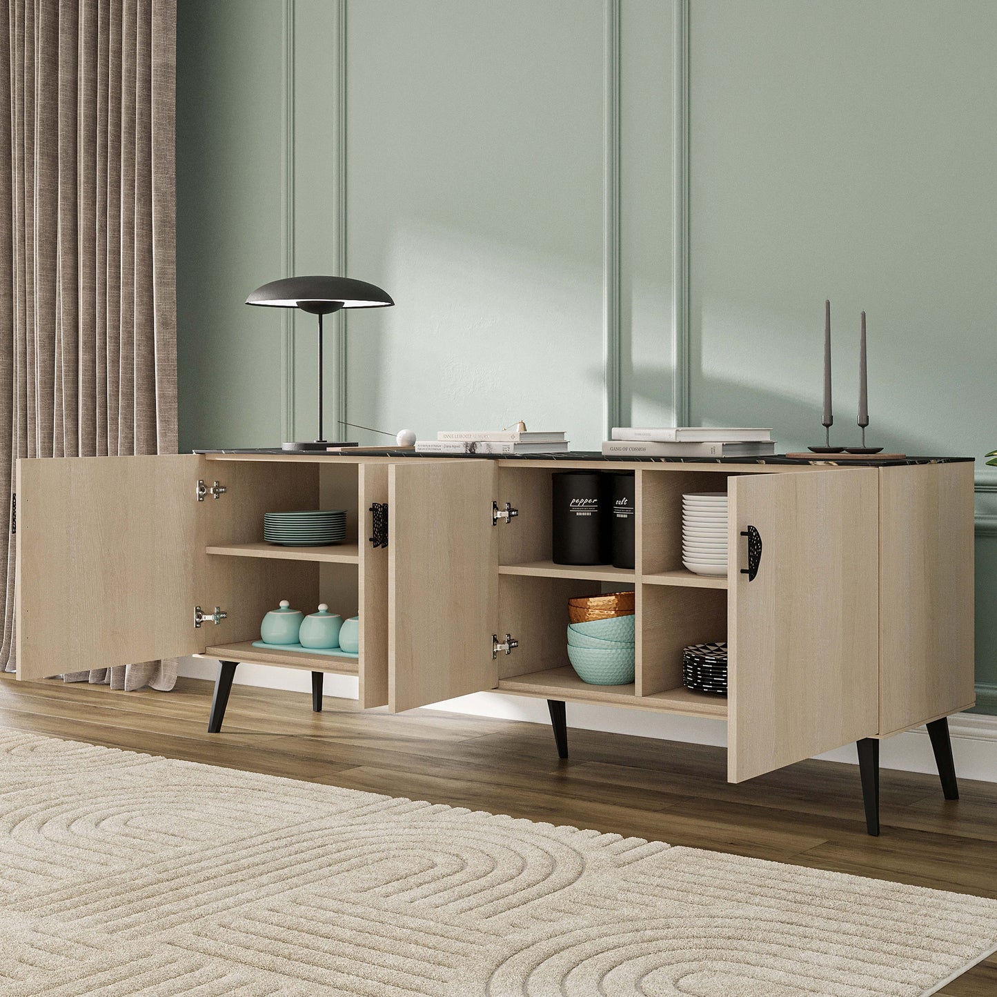 Manhattan Comfort Haley 78.7" Mid-Century Modern Sideboard in White and Black Marble SB002-WB