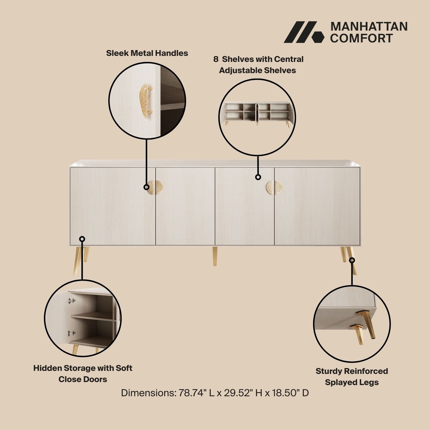 Manhattan Comfort Haley 78.7" Mid-Century Modern Sideboard in White SB002-WH