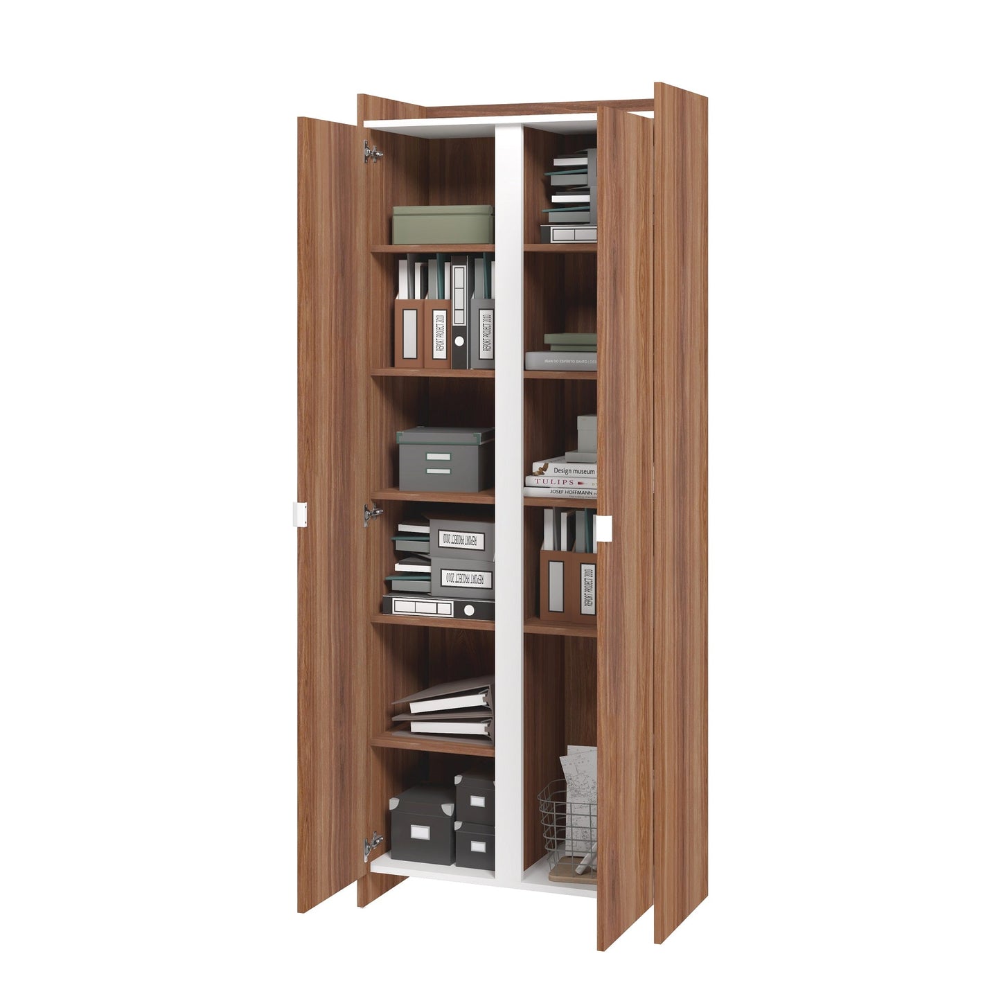 Manhattan Comfort Mid-Century Modern Ratzer Storage Cabinet with 11 Shelves in Brown and White SC-317AMC192