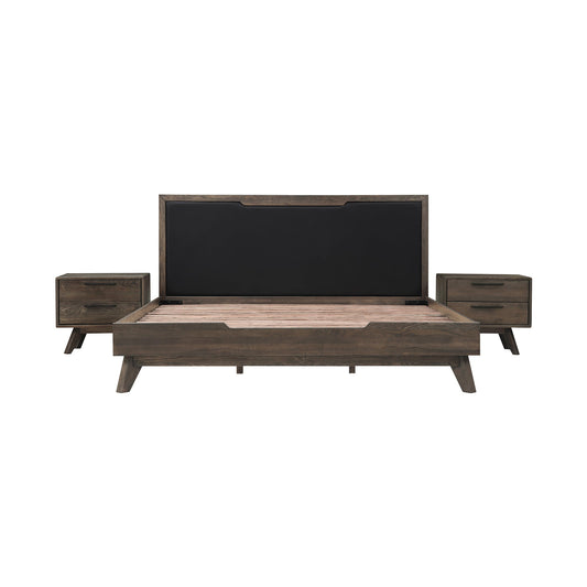 Astoria 3 Piece King Bedroom Set in Oak with Black Faux Leather