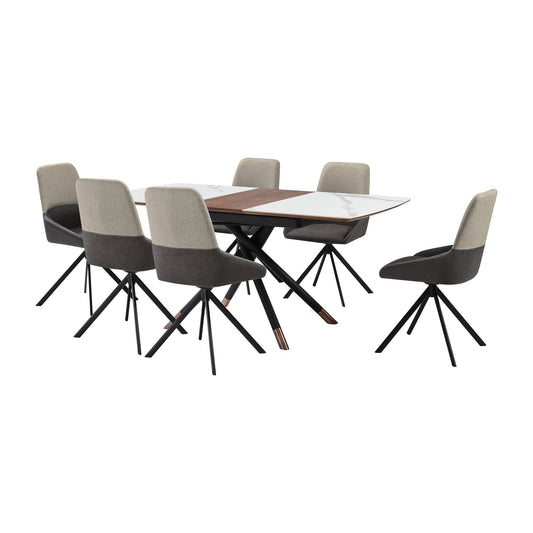 Alora Maverick 7 Piece Extendable Dining Set with Two-Tone Gray Fabric Chairs
