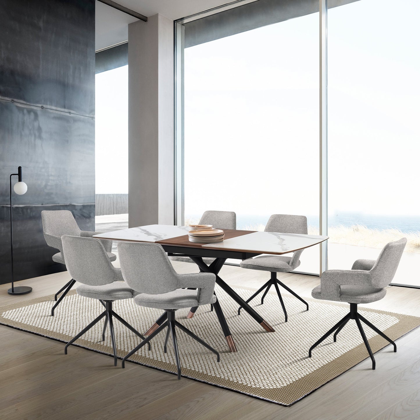 Alora Penny 7 Piece Extendable Dining Set with Gray Fabric Chairs