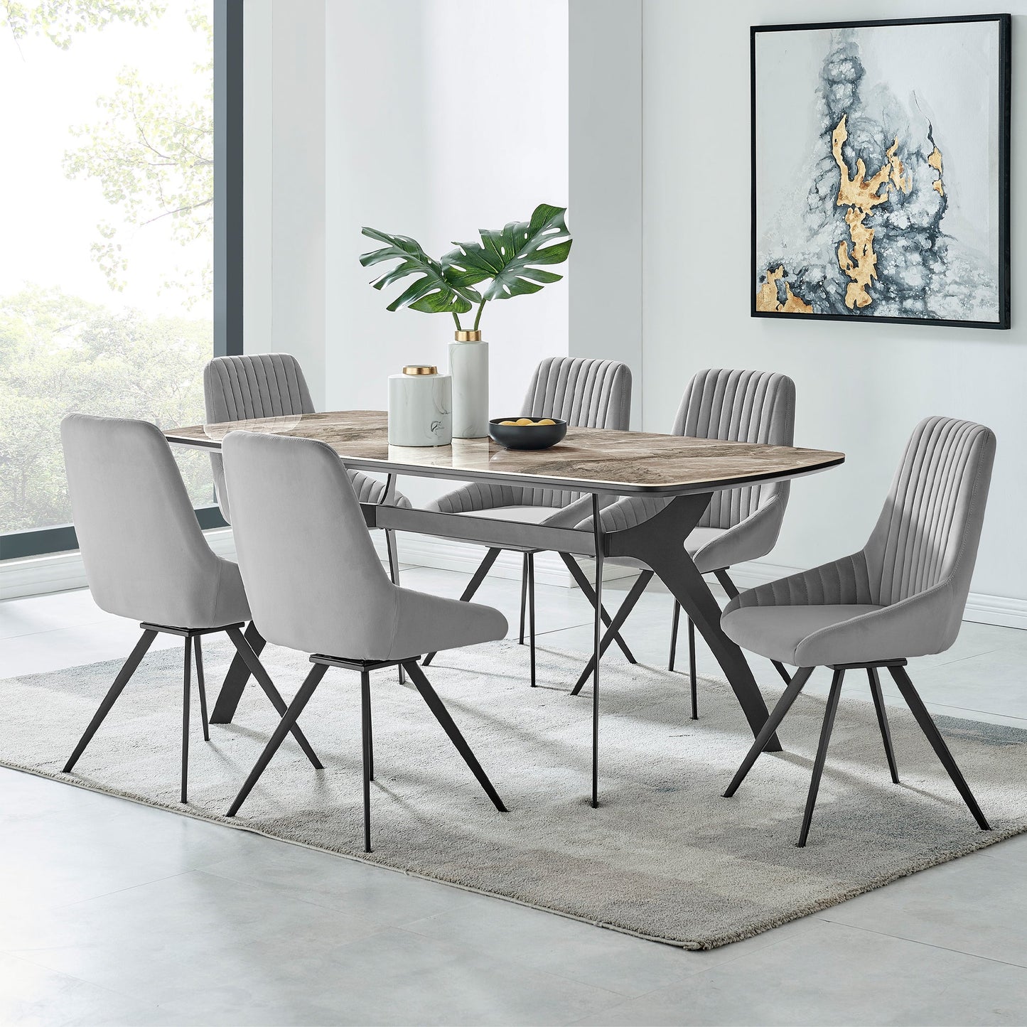 Andes and Alison Gray Fabric 7 Piece Rectangular Dining Set
