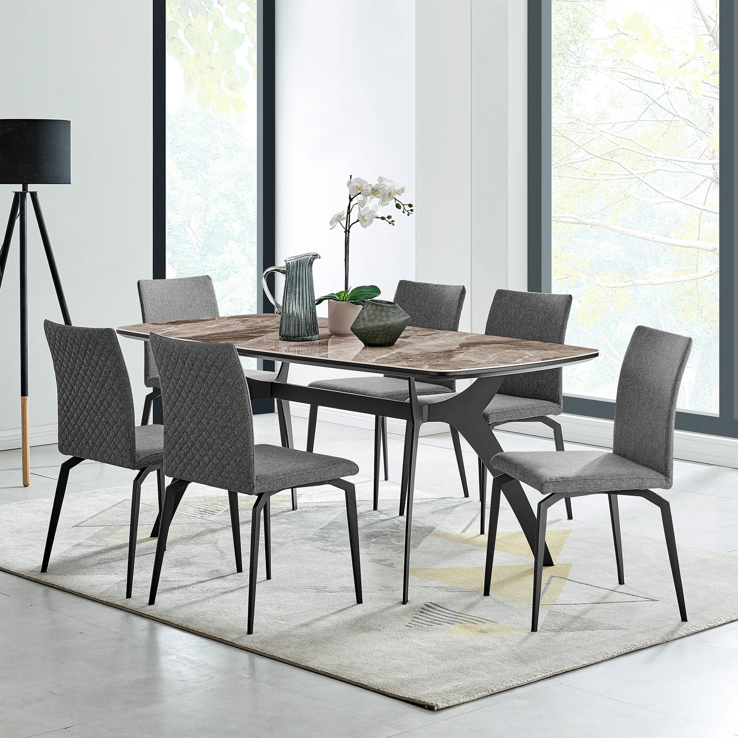 Andes and Lyon Gray Fabric 7 Piece Rectangular Dining Set