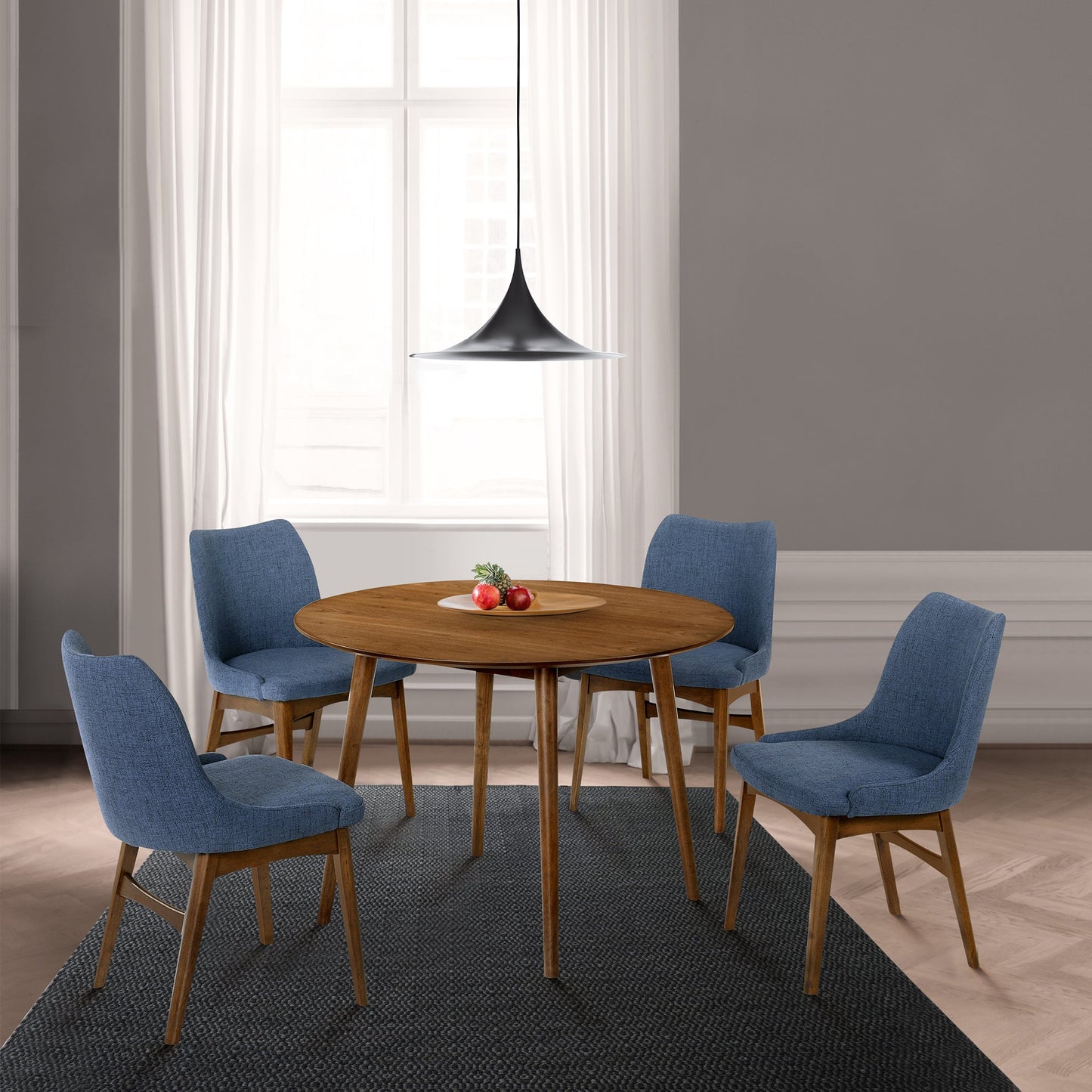 Arcadia and Azalea 42" Round Blue and Walnut Wood 5 Piece Dining Set