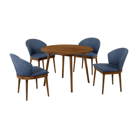Arcadia and Juno 42" Round Blue and Walnut Wood 5 Piece Dining Set