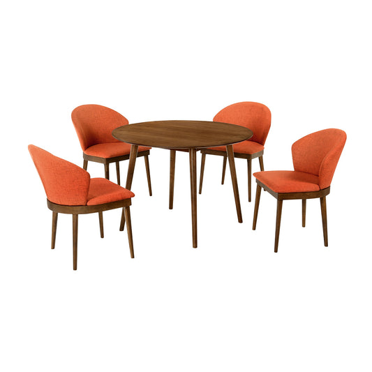 Arcadia and Juno 42" Round Orange and Walnut Wood 5 Piece Dining Set