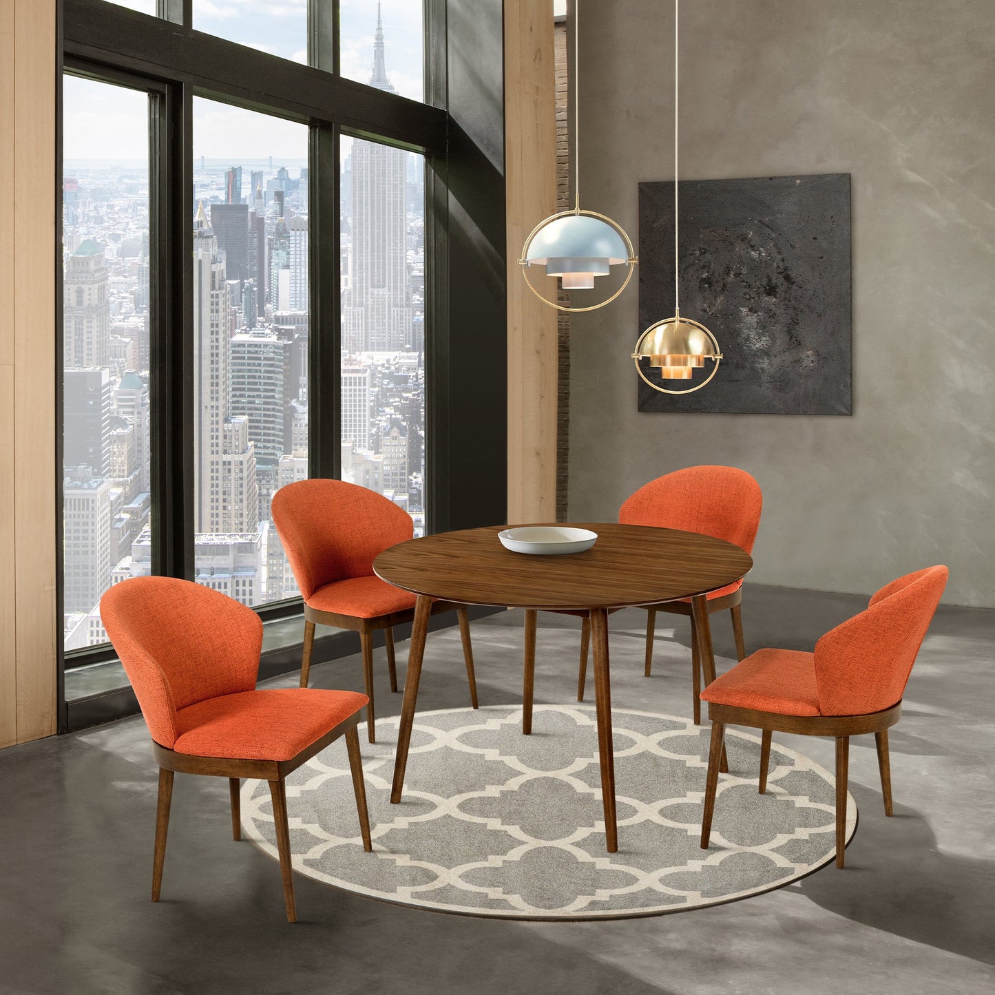 Arcadia and Juno 48" Round Orange and Walnut Wood 5 Piece Dining Set