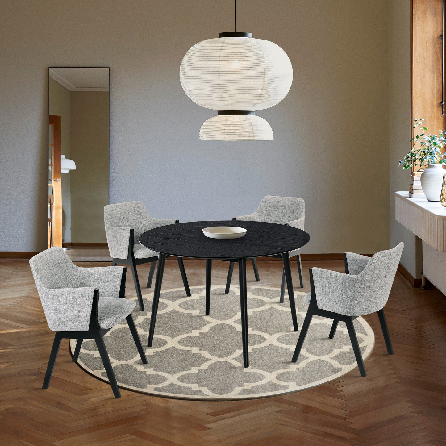 Arcadia and Renzo 48" Round Gray and Black Wood 5 Piece Dining Set