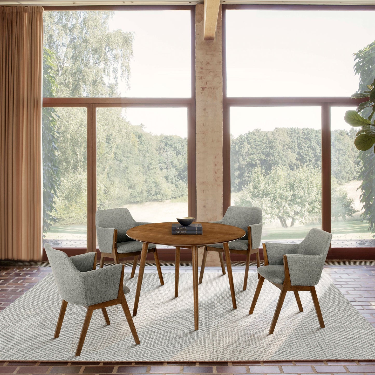 Arcadia and Renzo 42" Round Charcoal and Walnut Wood 5 Piece Dining Set