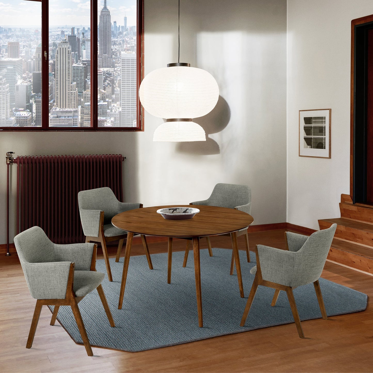 Arcadia and Renzo 48" Round Charcoal and Walnut Wood 5 Piece Dining Set