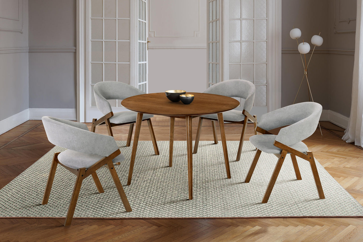 Arcadia and Talulah 42" Round Gray and Walnut Wood 5 Piece Dining Set