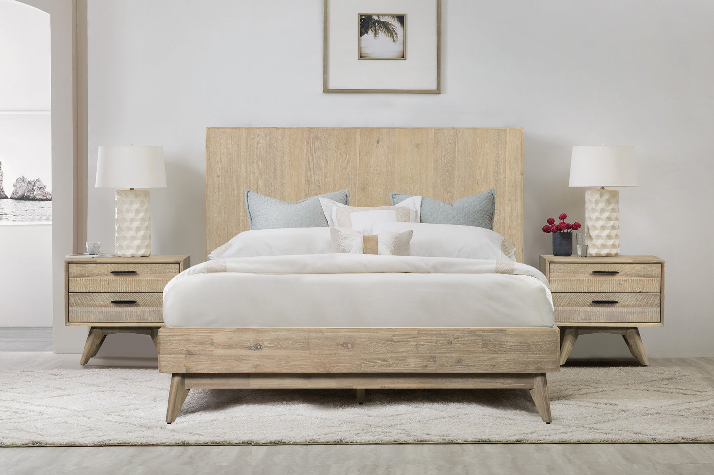 Baly 3 Piece Acacia King Platform Bed and Nightstands Bedroom Set