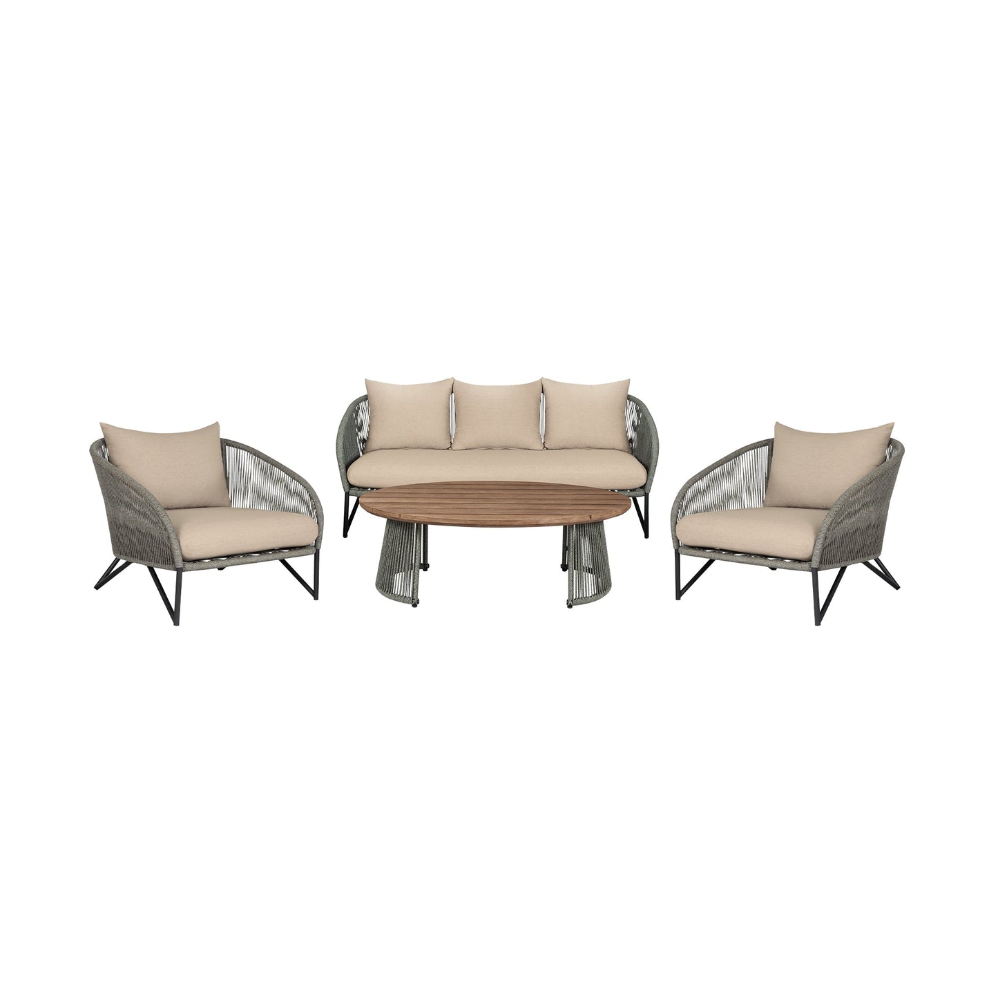 Benicia Outdoor Patio 4 Piece Conversation Set in Weathered Eucalyptus Wood and Metal with Gray Rope and Taupe Cushions