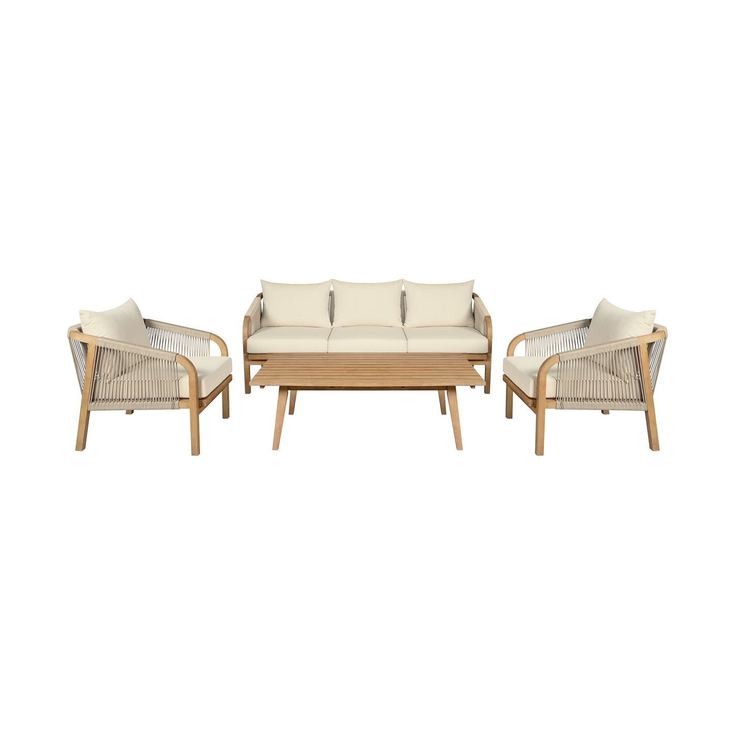 Cypress Outdoor Patio 4 Piece Conversation Set in Blonde Eucalyptus Wood and Light Gray Rope with Ivory Olefin Cushions