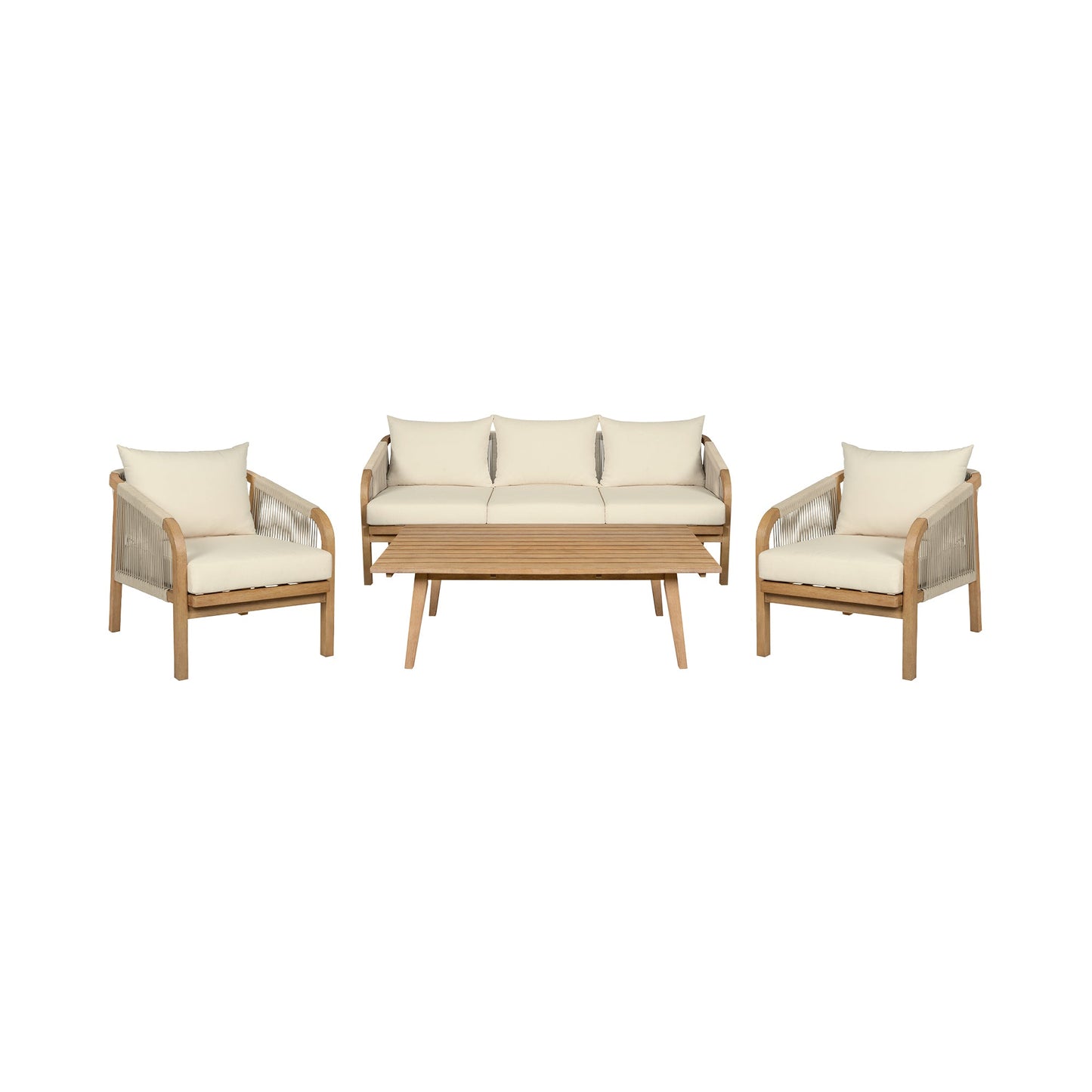 Cypress Outdoor Patio 4 Piece Conversation Set in Blonde Eucalyptus Wood and Light Gray Rope with Ivory Olefin Cushions