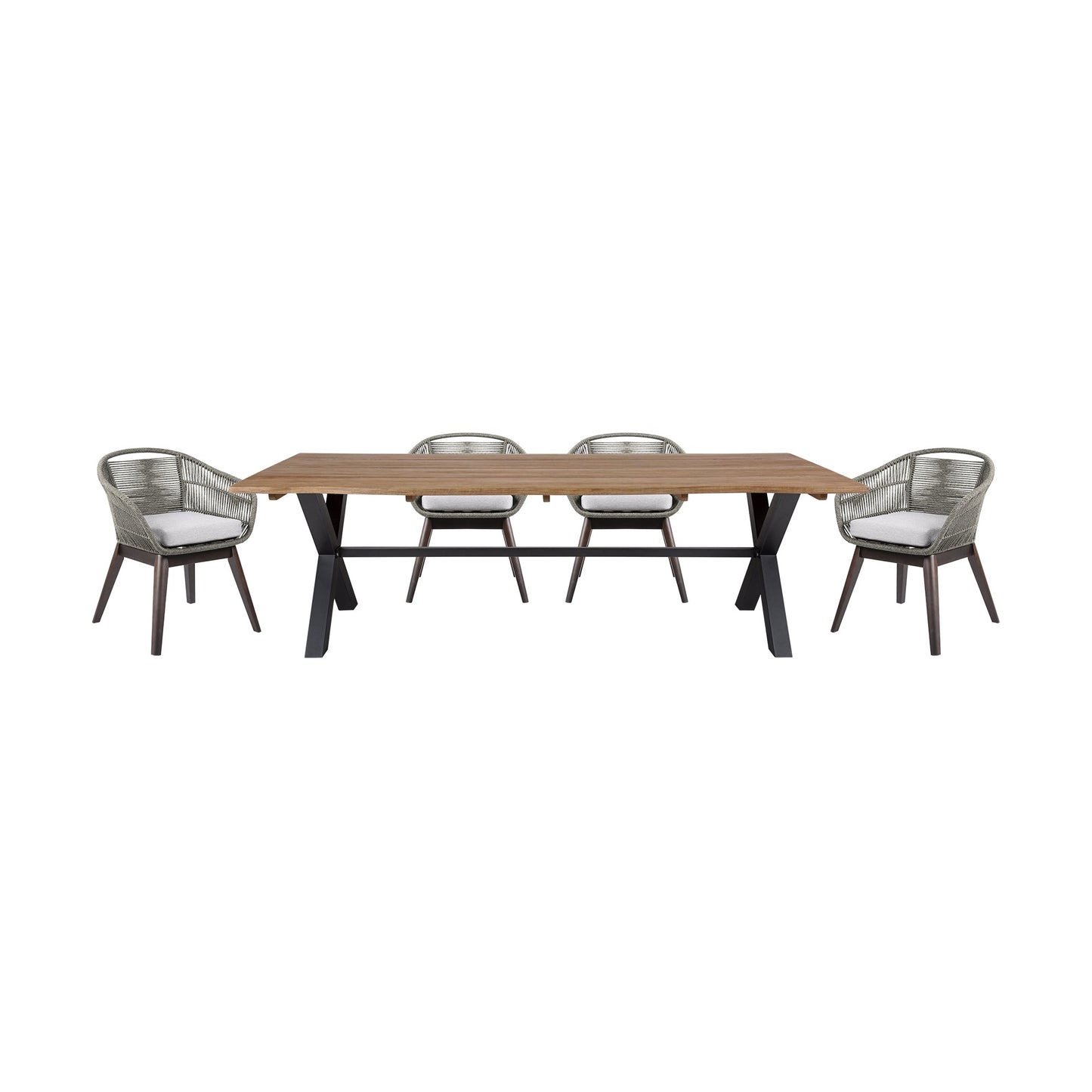 Glendora Tutti Frutti Outdoor Patio 5 Piece Live Edge Dining Set in Eucalyptus Wood Gray Rope and Cushions