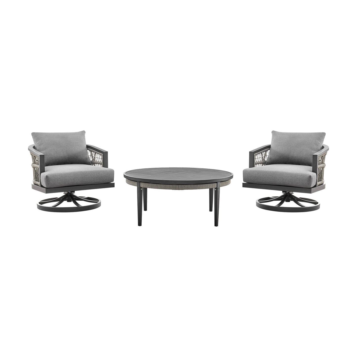 Zella Outdoor Patio 3 Piece Swivel Seating Set in Aluminum with Light Gray Rope and Cushions