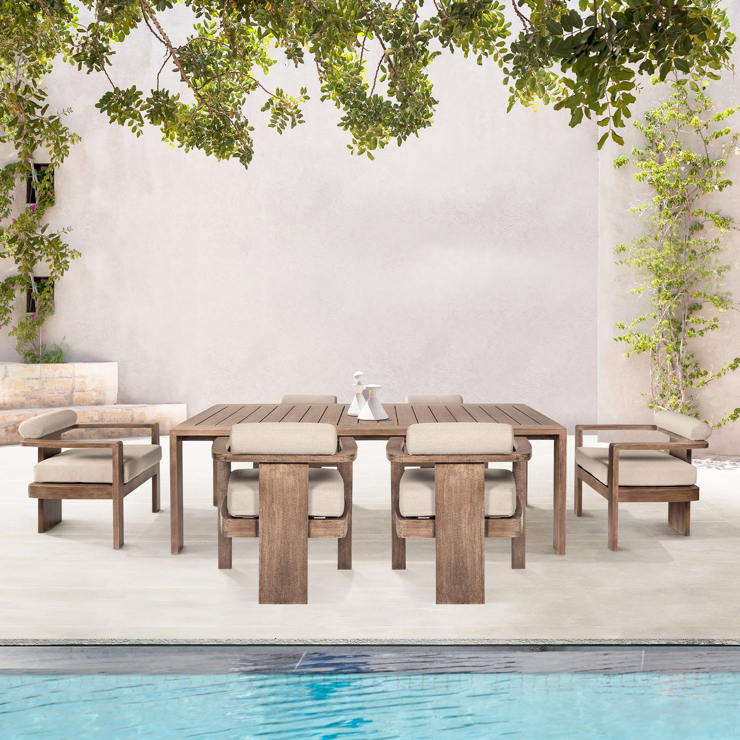 Relic Outdoor Patio 7 Piece Dining Set in Weathered Eucalyptus Wood with Taupe Olefin Cushions