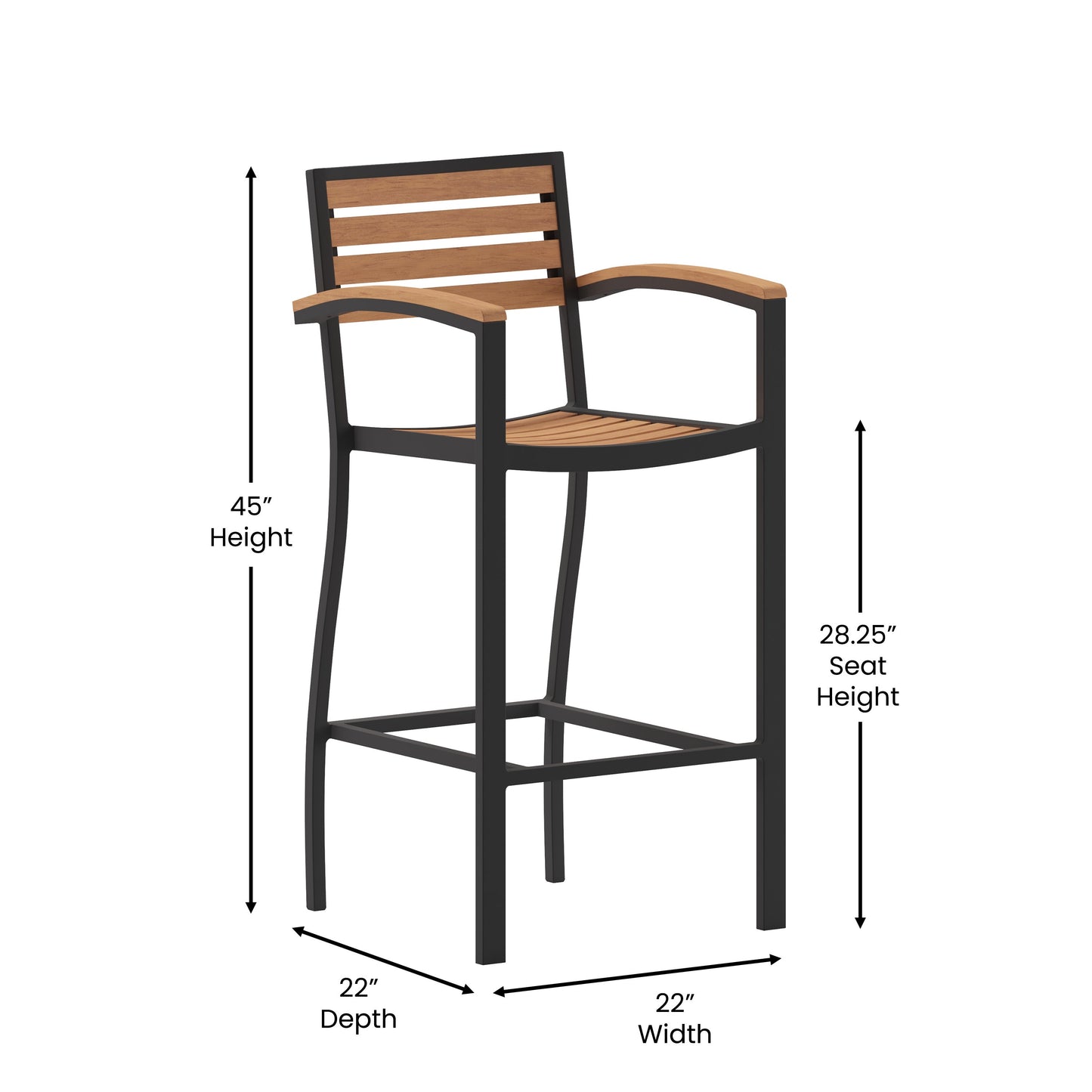 Faux Teak and Gray Wash Patio Bar Stool with Arms