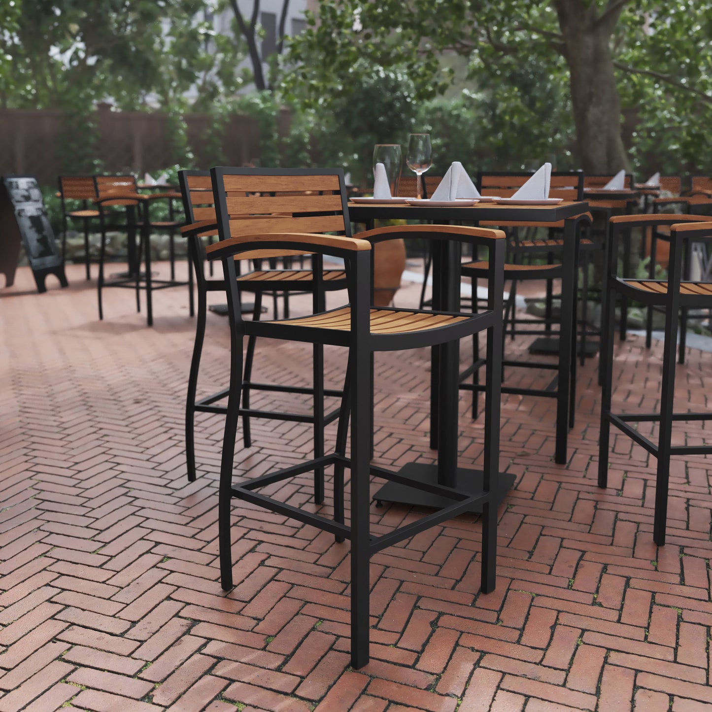 Faux Teak and Gray Wash Patio Bar Stool with Arms