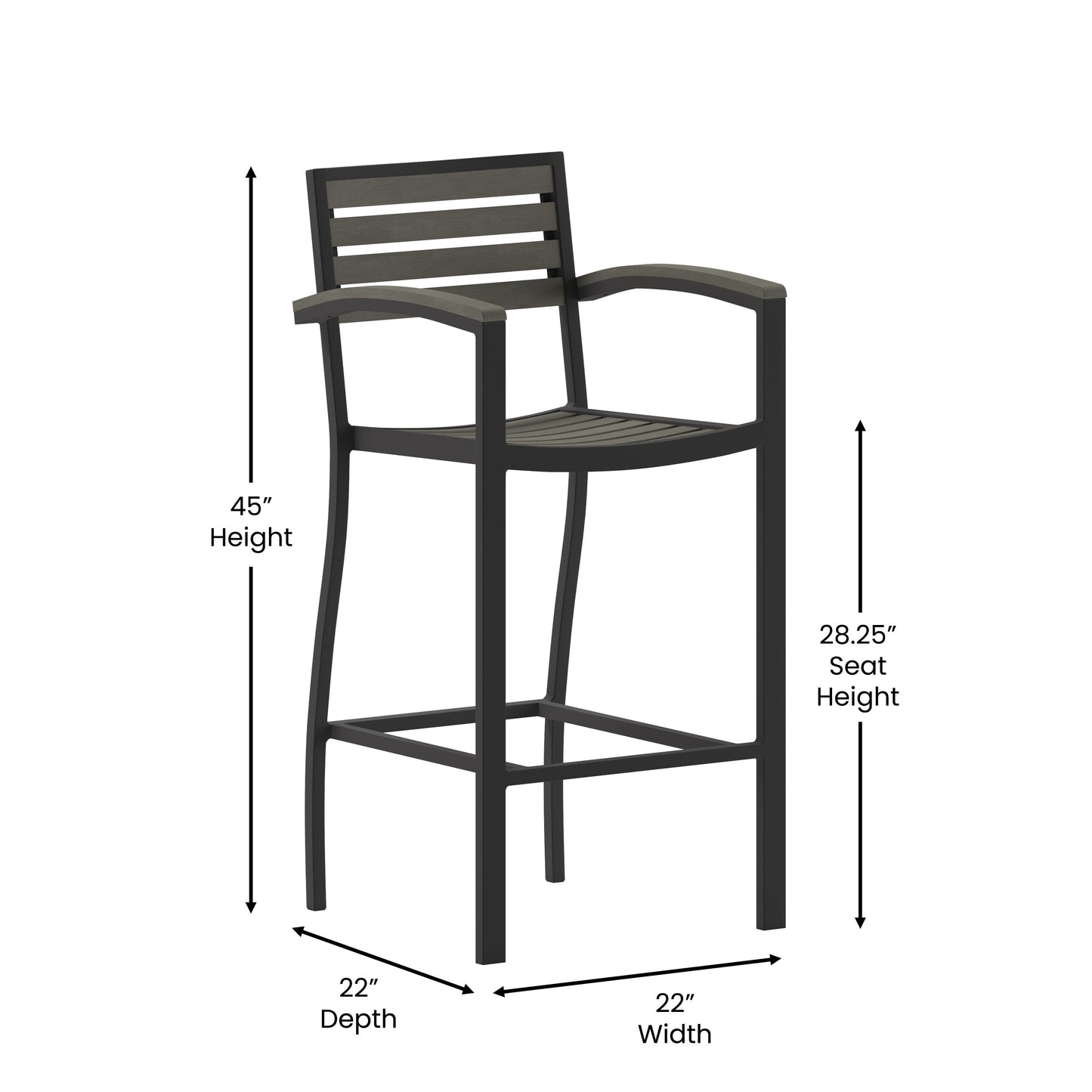Faux Teak and Gray Wash Patio Bar Stool with Arms