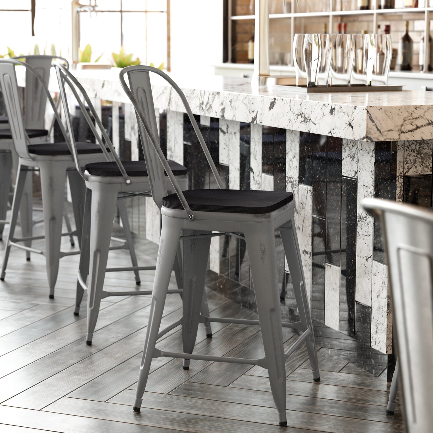 Clear Coat Stool 30" and 24" with Teak, Gray, and Black Seats