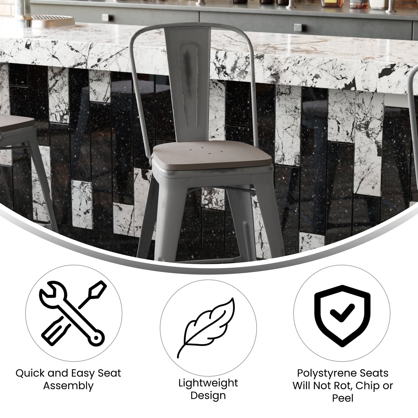 Clear Coat Stool 30" and 24" with Teak, Gray, and Black Seats