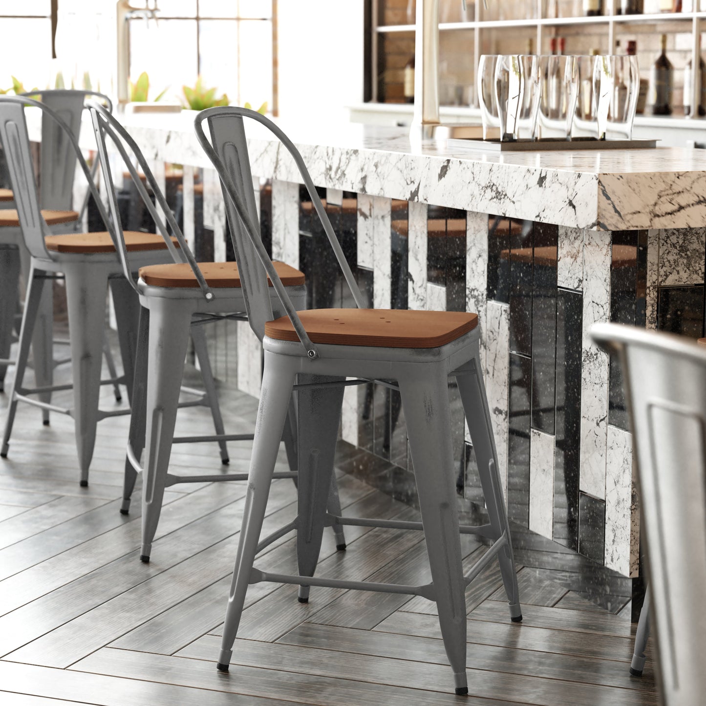 Clear Coat Stool 30" and 24" with Teak, Gray, and Black Seats