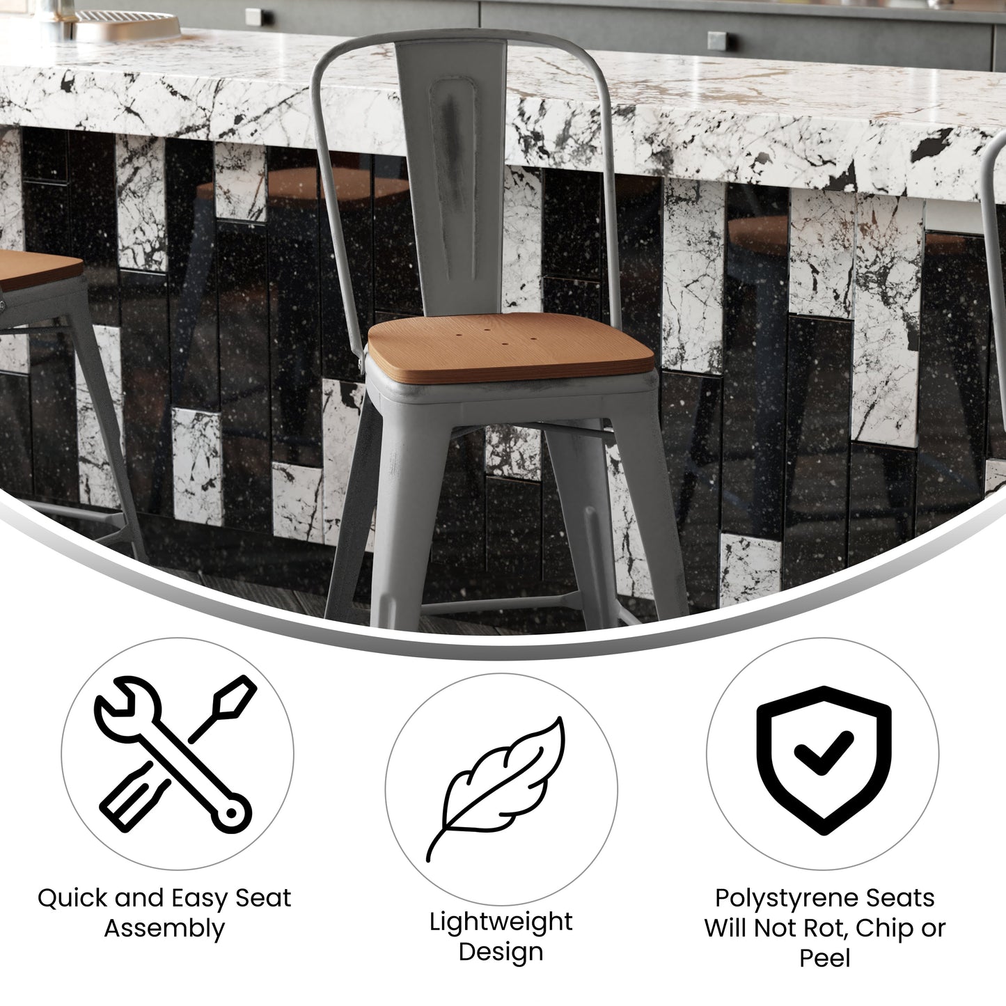 Clear Coat Stool 30" and 24" with Teak, Gray, and Black Seats