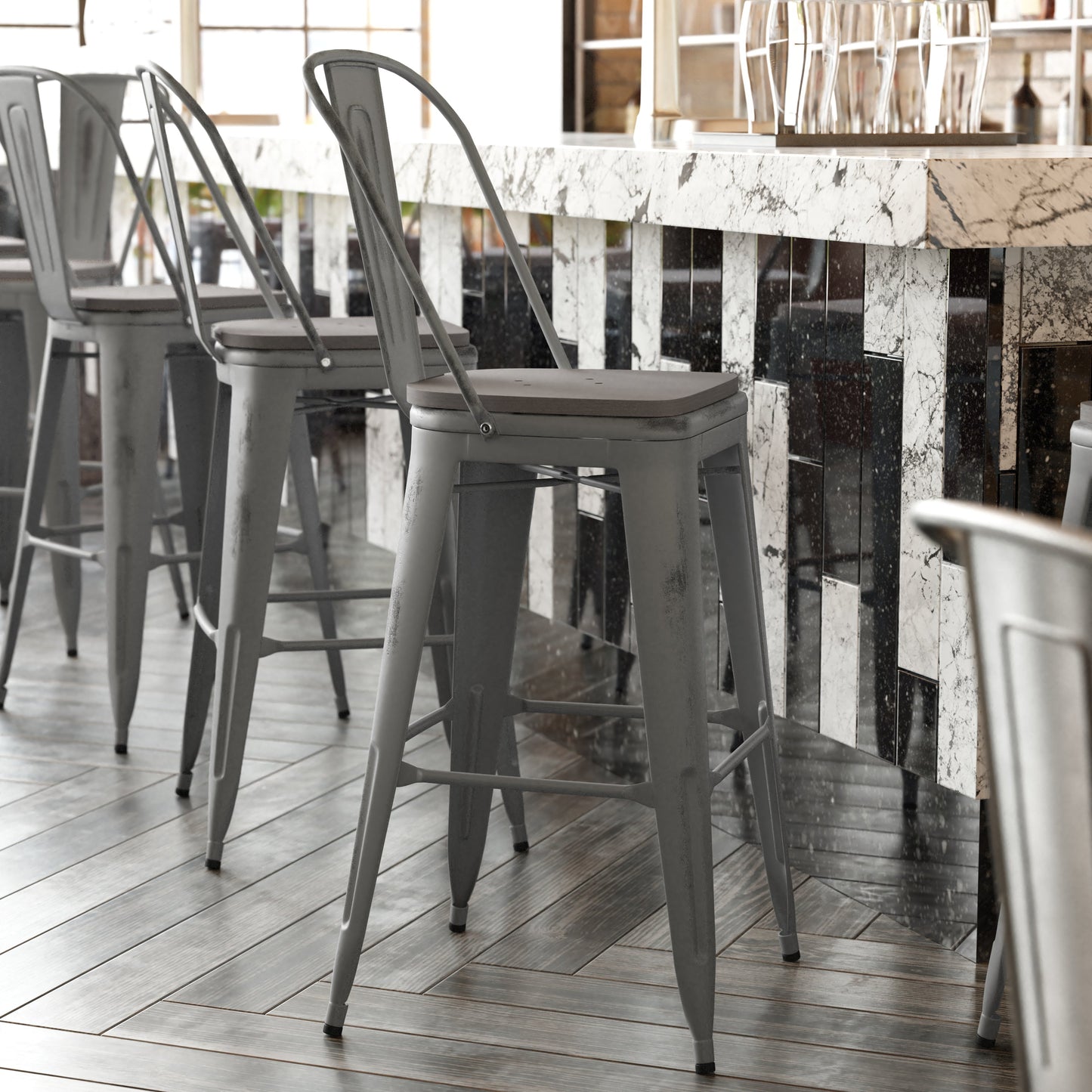 Clear Coat Stool 30" and 24" with Teak, Gray, and Black Seats