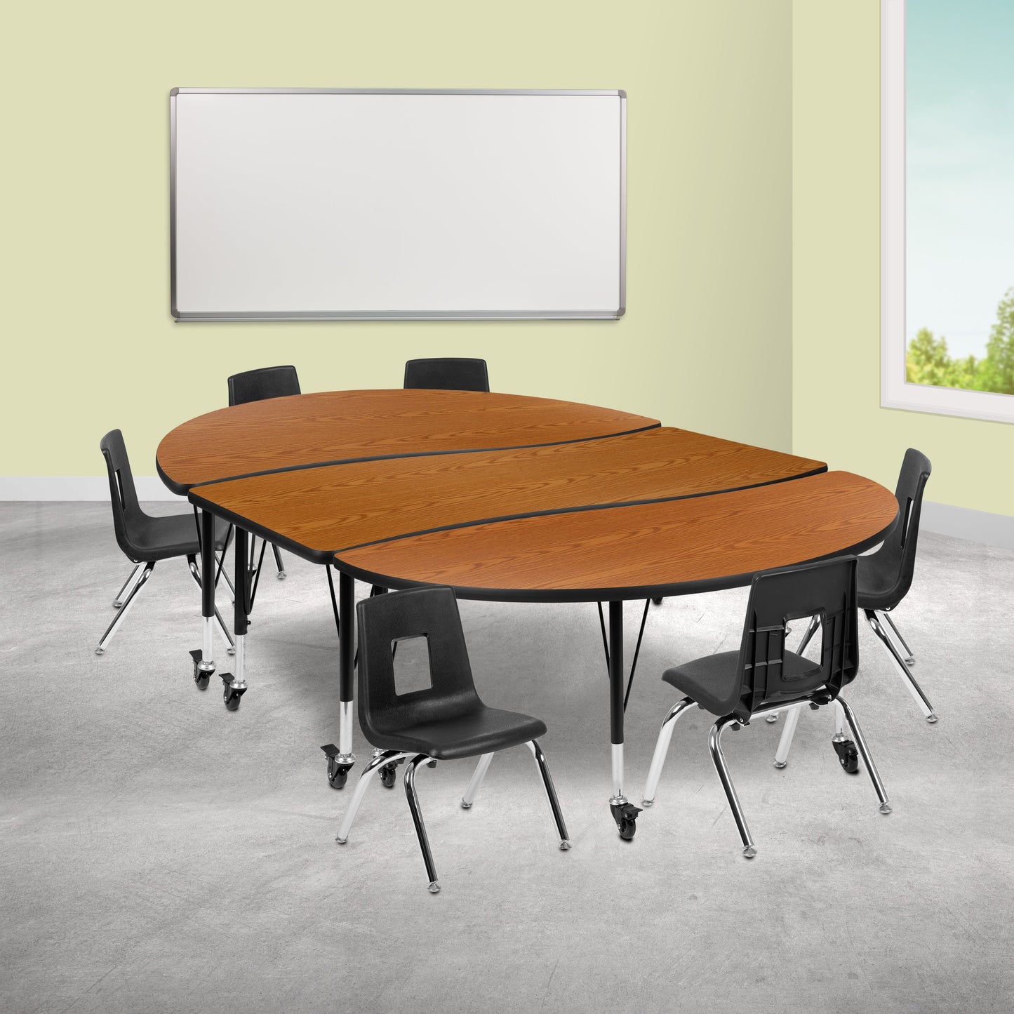 86" Oval Wave Oak Table Set XU-GRP-12CH-A3060CON-60-OAK-T-P-CAS-GG