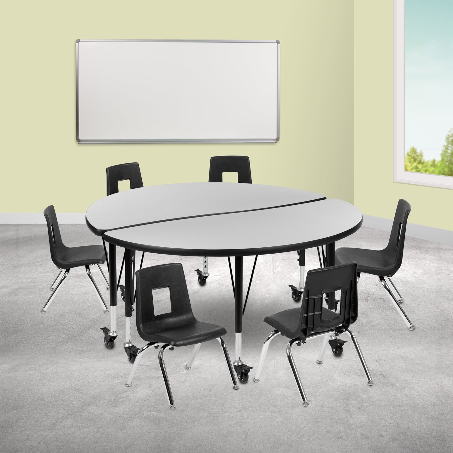 48" Circle Wave Grey Table Set XU-GRP-12CH-A48-HCIRC-GY-T-P-CAS-GG