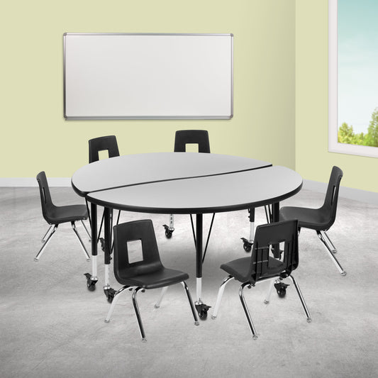 48" Circle Wave Grey Table Set XU-GRP-12CH-A48-HCIRC-GY-T-P-CAS-GG