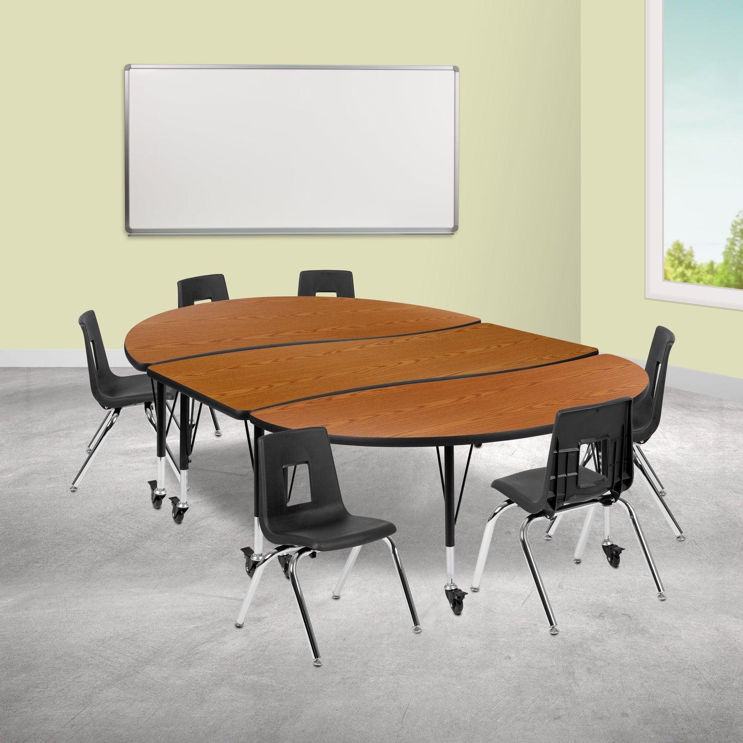 86" Oval Wave Oak Table Set XU-GRP-14CH-A3060CON-60-OAK-T-P-CAS-GG