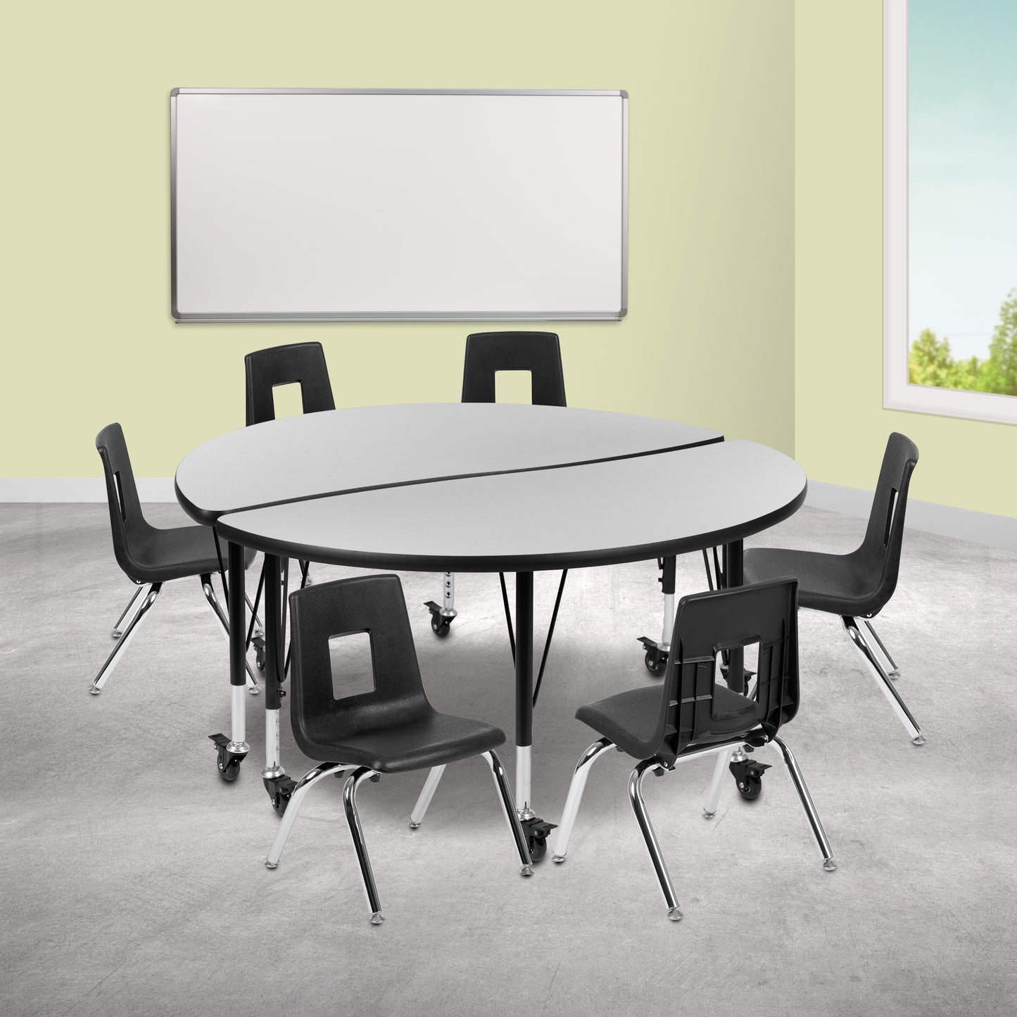 48" Circle Wave Grey Table Set XU-GRP-14CH-A48-HCIRC-GY-T-P-CAS-GG