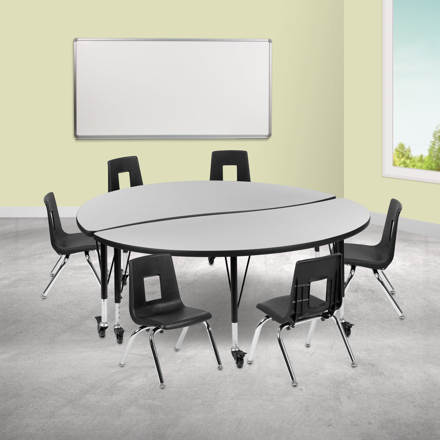 60" Circle Wave Grey Table Set XU-GRP-14CH-A60-HCIRC-GY-T-P-CAS-GG