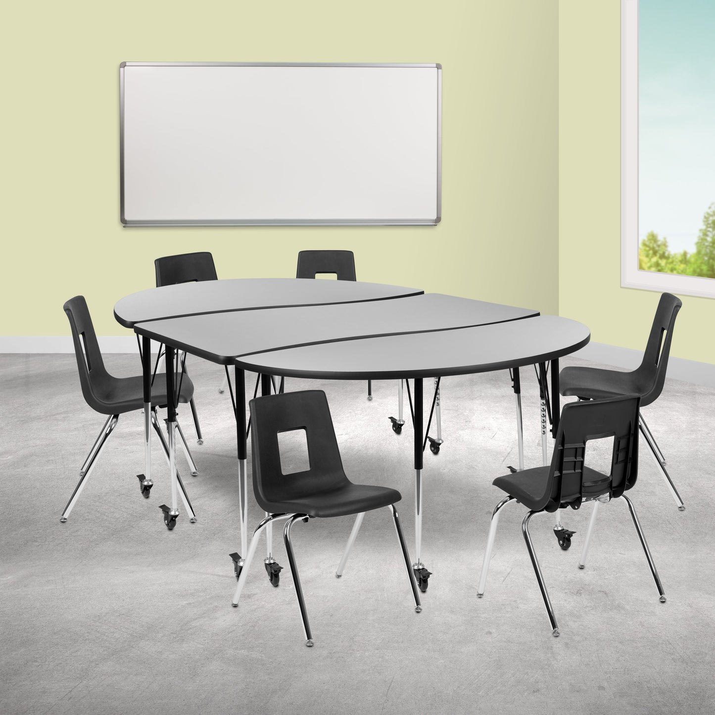 86" Oval Wave Grey Table Set XU-GRP-18CH-A3060CON-60-GY-T-A-CAS-GG