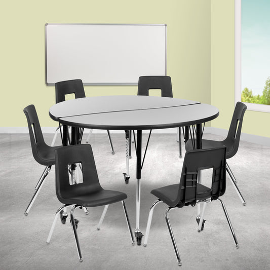 48" Circle Wave Grey Table Set XU-GRP-18CH-A48-HCIRC-GY-T-A-CAS-GG