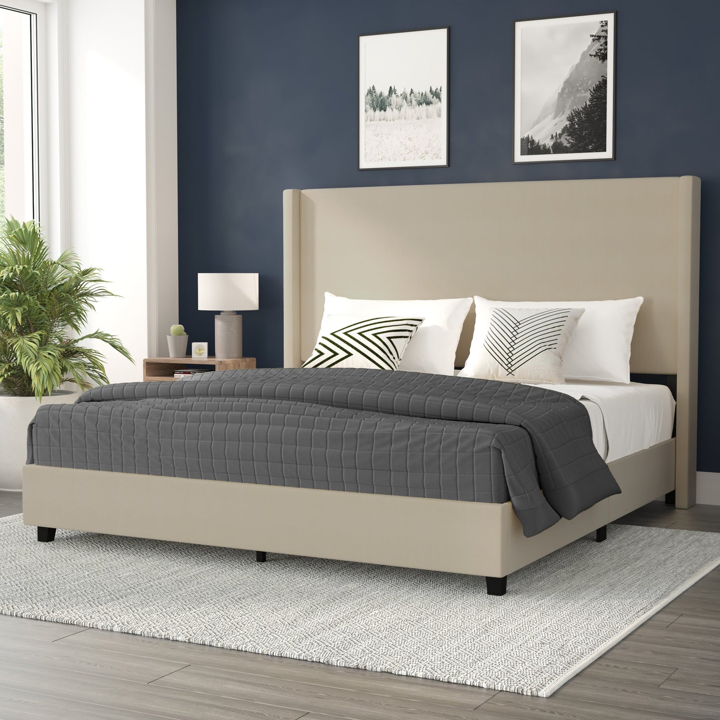 Beige King Size Platform Bed YK-1077-BEIGE-K-GG