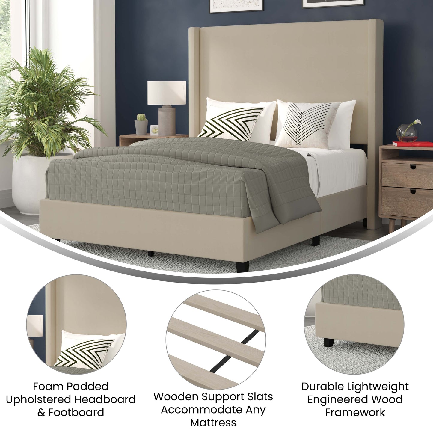 Beige Queen Size Platform Bed YK-1077-BEIGE-Q-GG