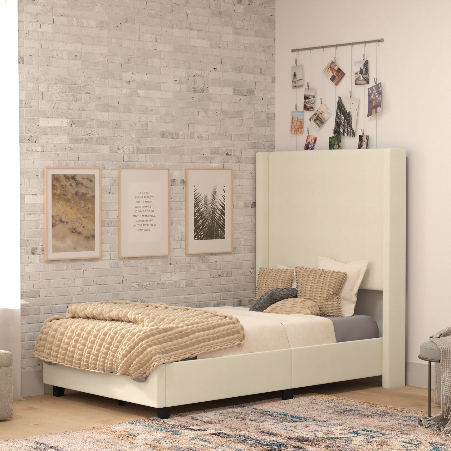 Beige Twin Size Platform Bed YK-1077-BEIGE-T-GG
