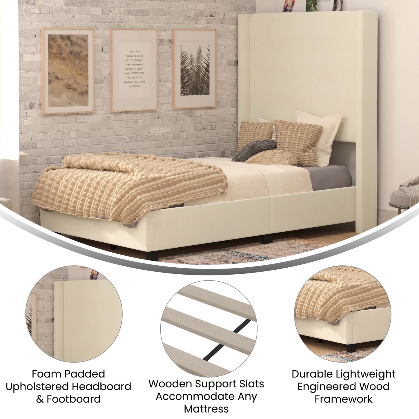 Beige Twin Size Platform Bed YK-1077-BEIGE-T-GG