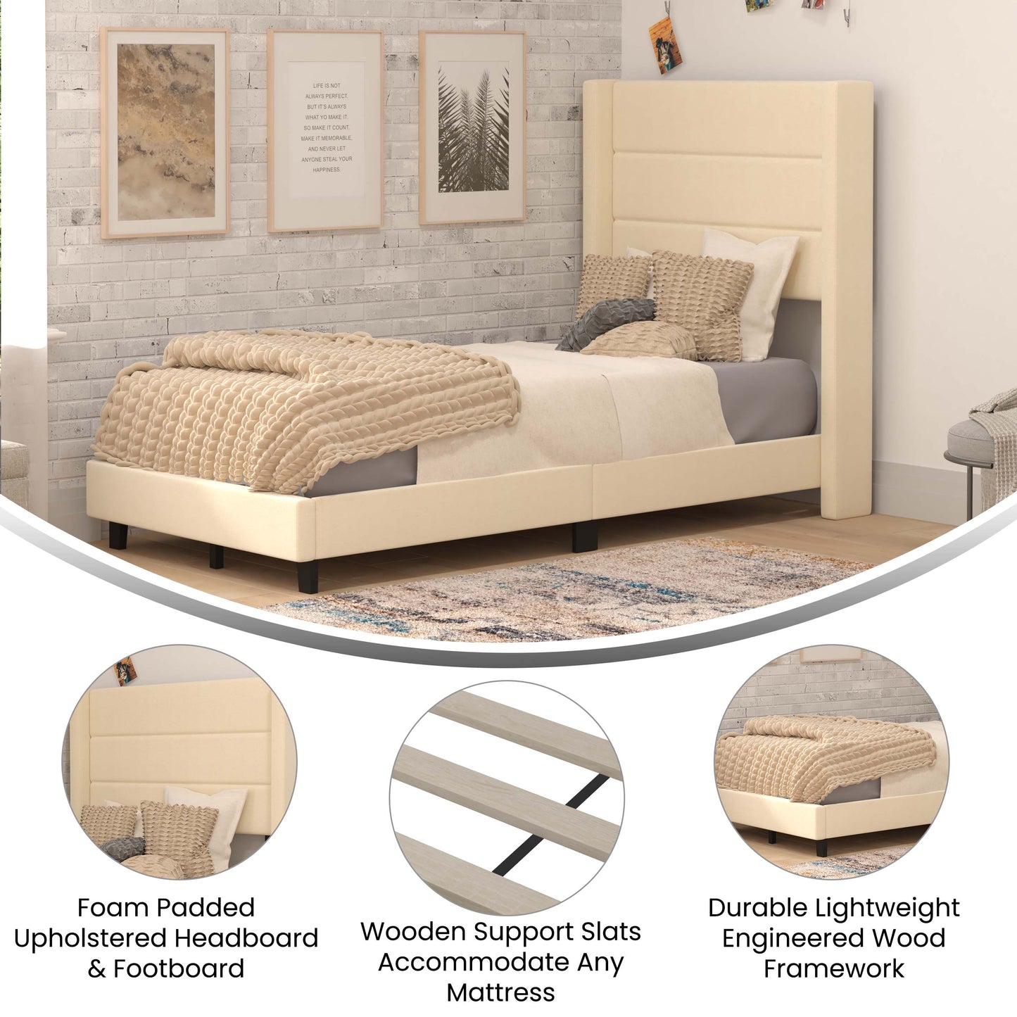 Beige Twin Platform Bed YK-1078-BEIGE-T-GG
