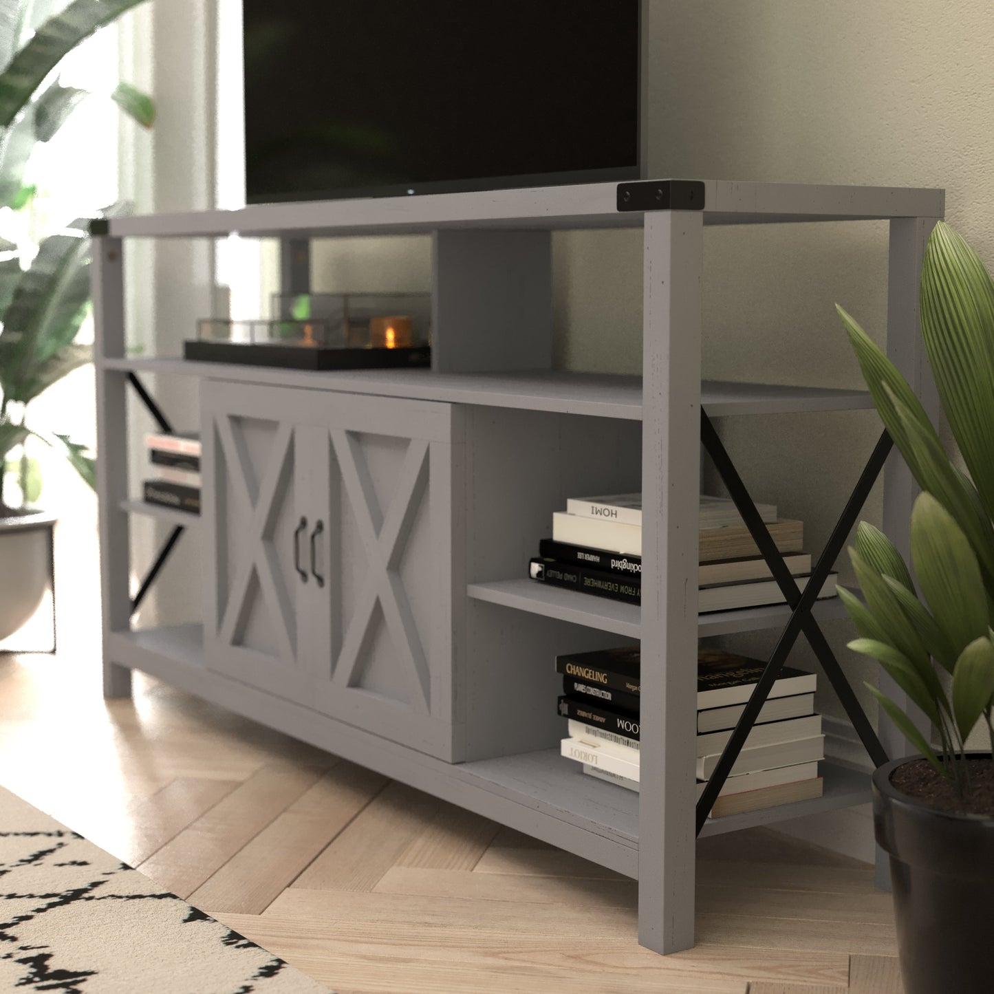 60" Coastal Gray and White/Rustic TV Stand ZG-025